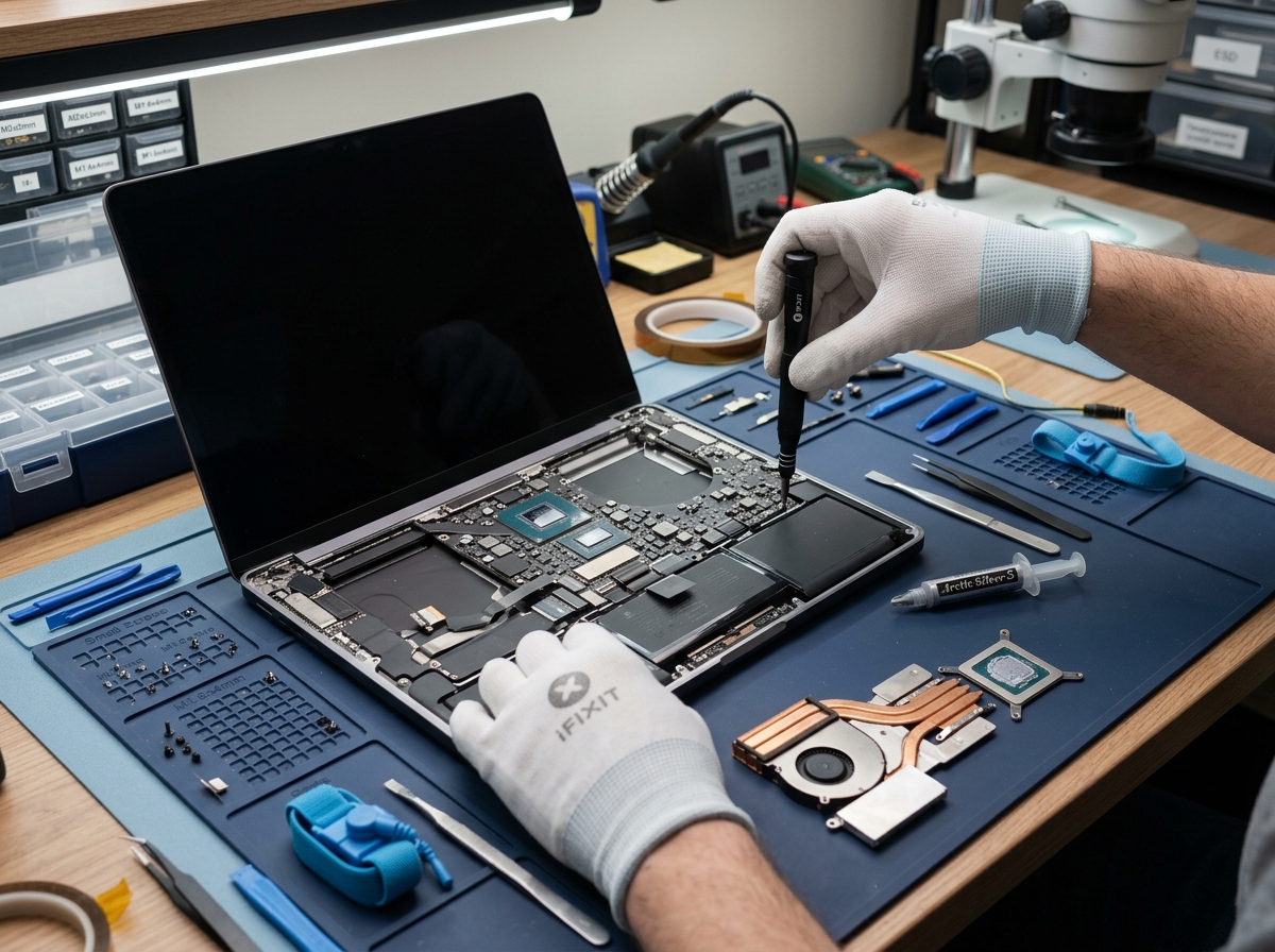 MacBook logic board repair and thermal overhaul on the bench
