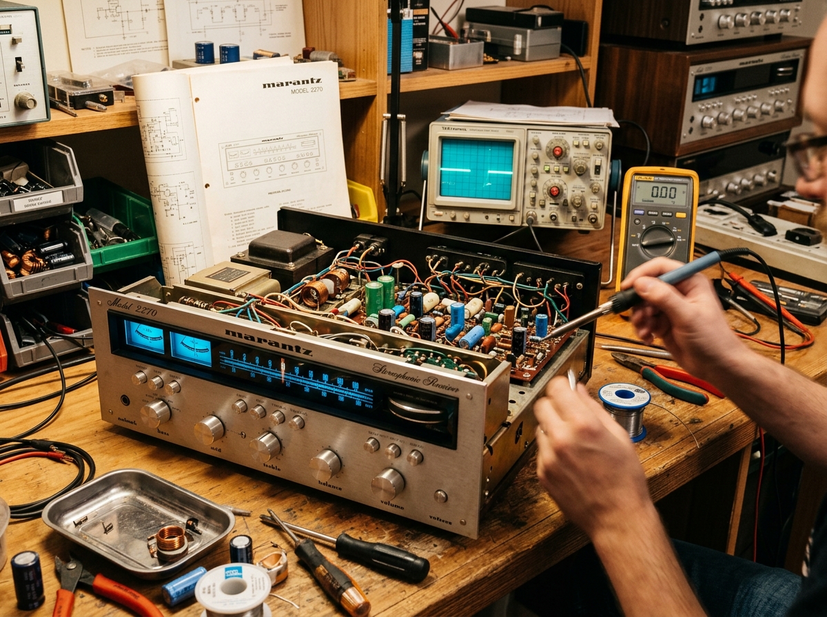 Restored 1970s stereo receiver on the Longmont repair bench